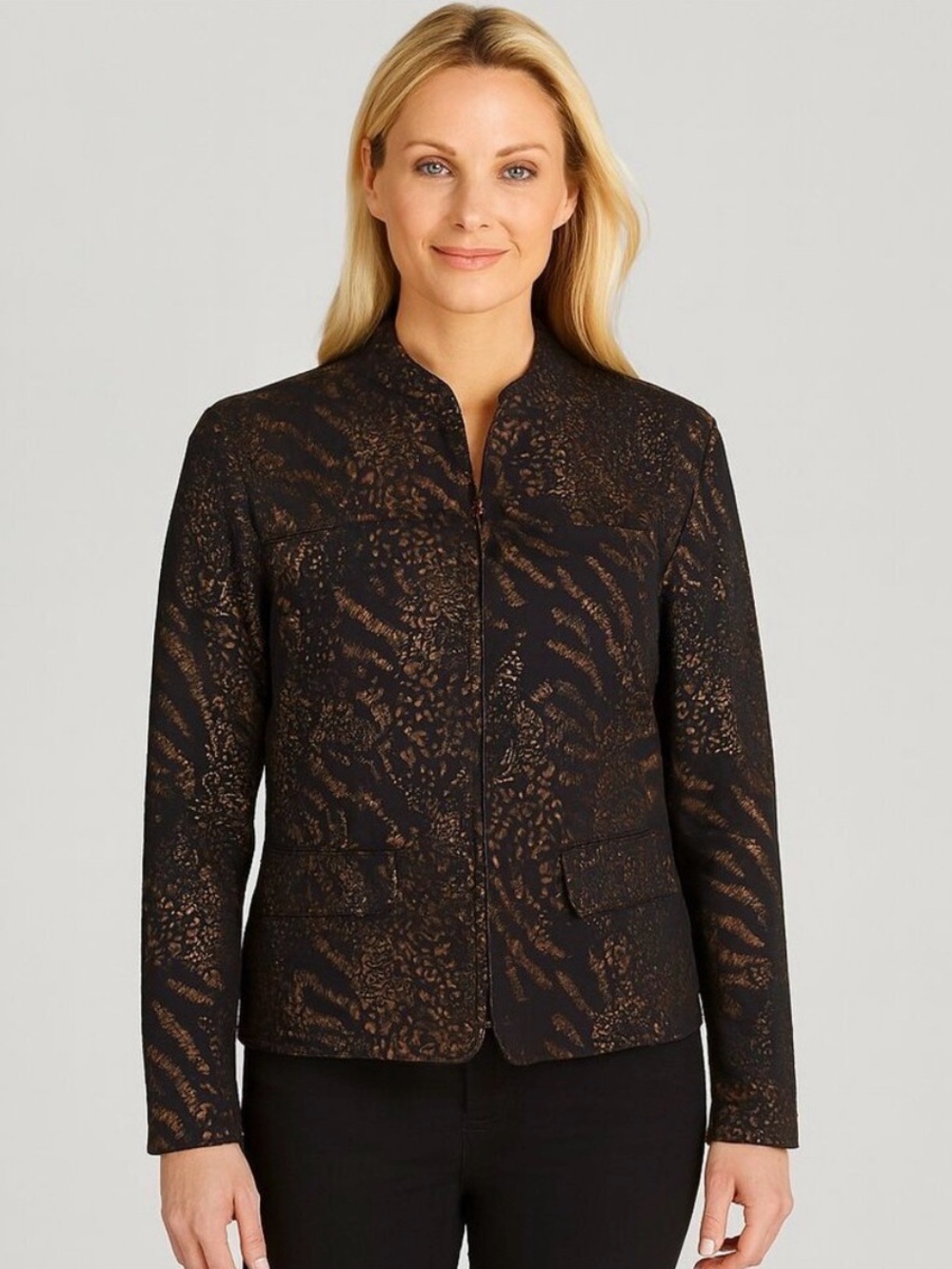 Alfred Dunner Metallic Animal Print Black Zip up Jacket